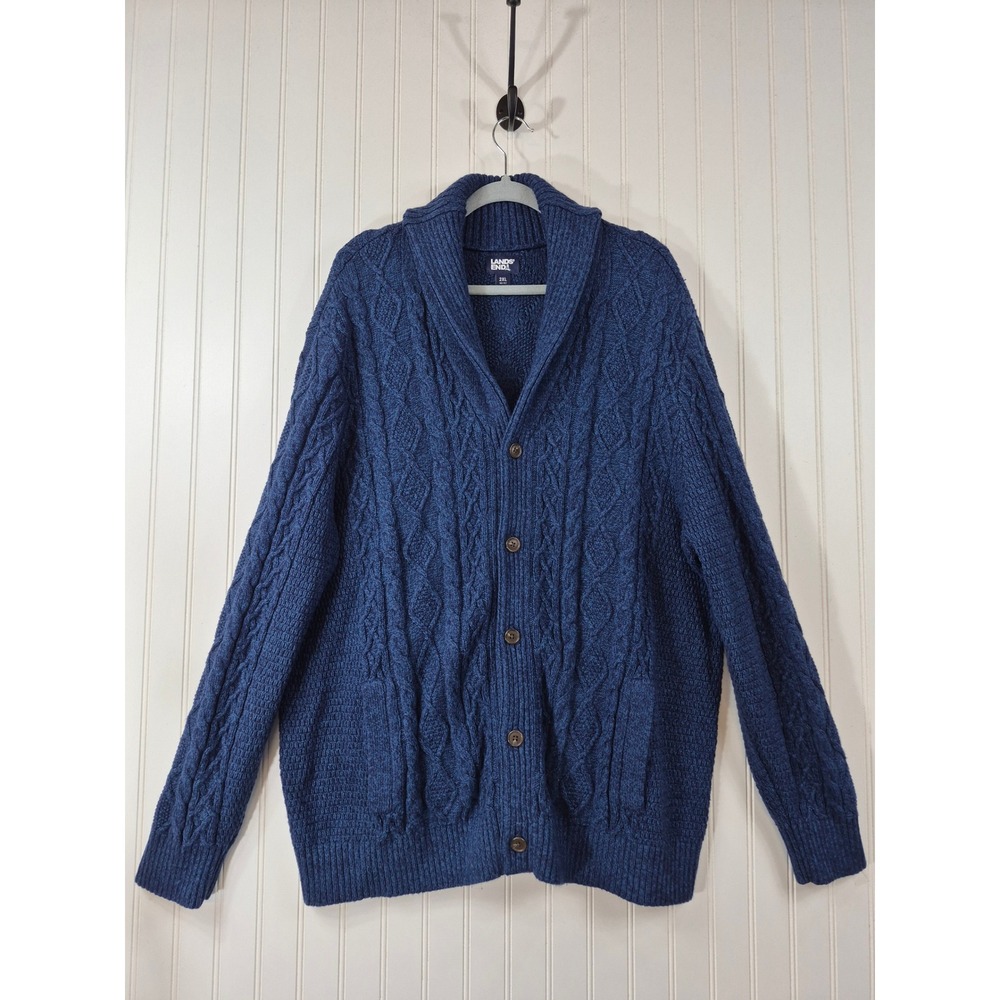Lands End Mens 2XL‎ Blue Cable Knit Shawl Collar Cardigan Sweater Button Front
